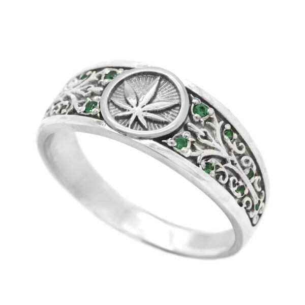 Stunnerz Vibe Adjustable Unisex Ring Cannabis Silver Leafs with Green Stones weed Ring - Image 14