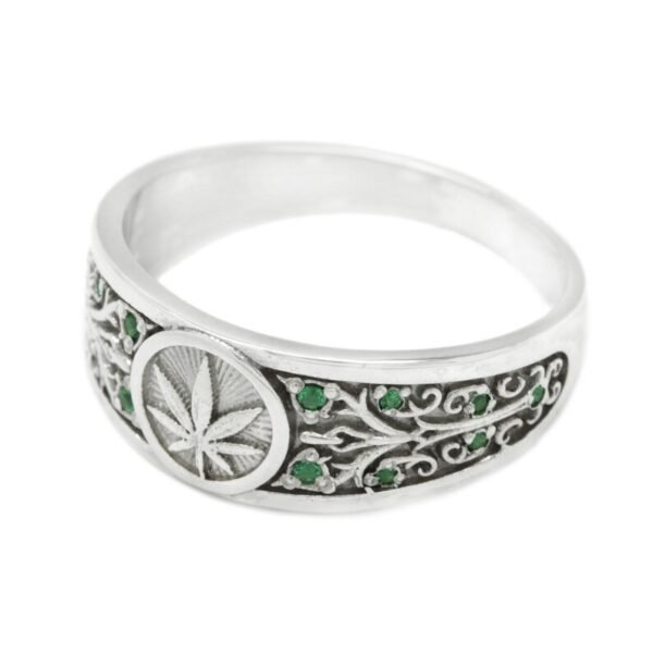 Stunnerz Vibe Adjustable Unisex Ring Cannabis Silver Leafs with Green Stones weed Ring - Image 16