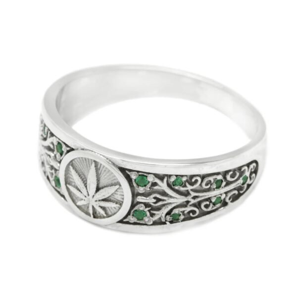 Stunnerz Vibe Adjustable Unisex Ring Cannabis Silver Leafs with Green Stones weed Ring - Image 18