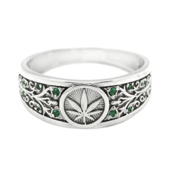 Stunnerz Vibe Adjustable Unisex Ring Cannabis Silver Leafs with Green Stones weed Ring - Image 6