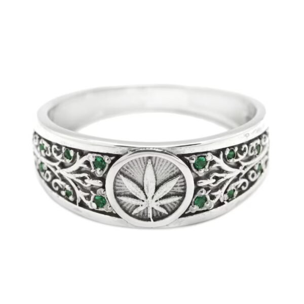 Stunnerz Vibe Adjustable Unisex Ring Cannabis Silver Leafs with Green Stones weed Ring - Image 8