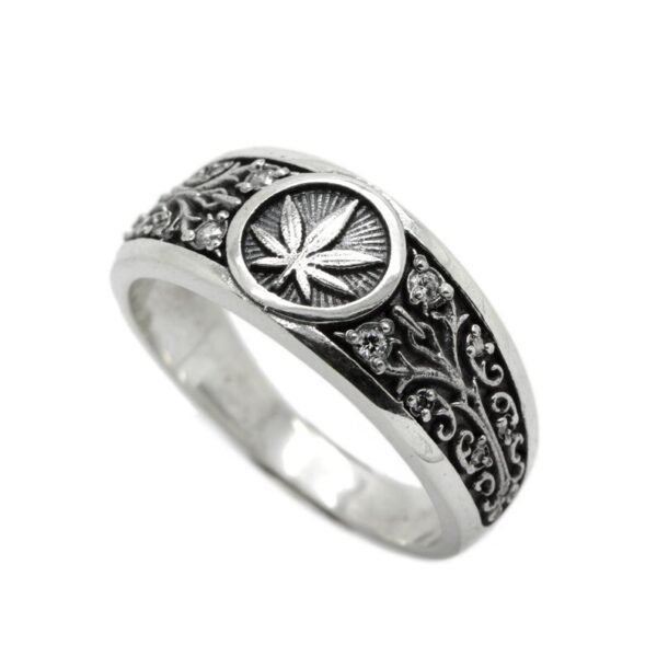 Stunnerz Vibe Adjustable Unisex Ring Cannabis Silver Leafs with Green Stones weed Ring - Image 12