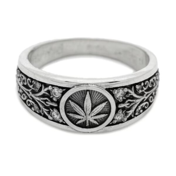 Stunnerz Vibe Adjustable Unisex Ring Cannabis Silver Leafs with Green Stones weed Ring - Image 13