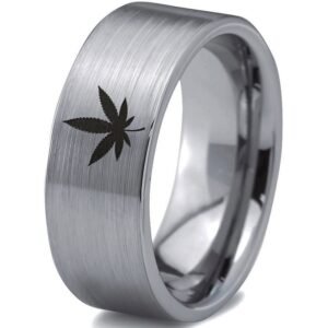 Stunnerz Vibe Tungsten Weed Leaf Band Ring Engraved Indica Leaf