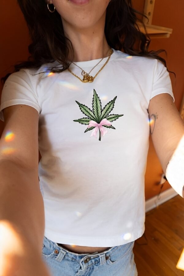 Stunnerz Vibe Weed Leaf Cropped Baby Tee – Trendy 420 Coquette Crop Top for Women