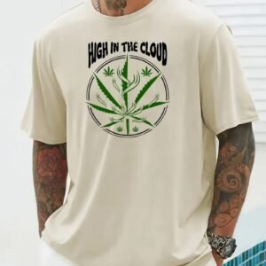 Stunnerz Vibe Men’s ‘High in the Clouds’ Weed Leaf Print T-Shirt – Casual Summer Tee, Soft & Breathable Fabric