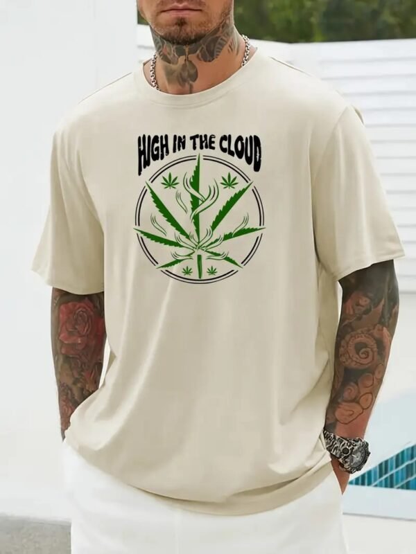 Stunnerz Vibe Men's 'High in the Clouds' Weed Leaf Print T-Shirt – Casual Summer Tee, Soft & Breathable Fabric - Image 2